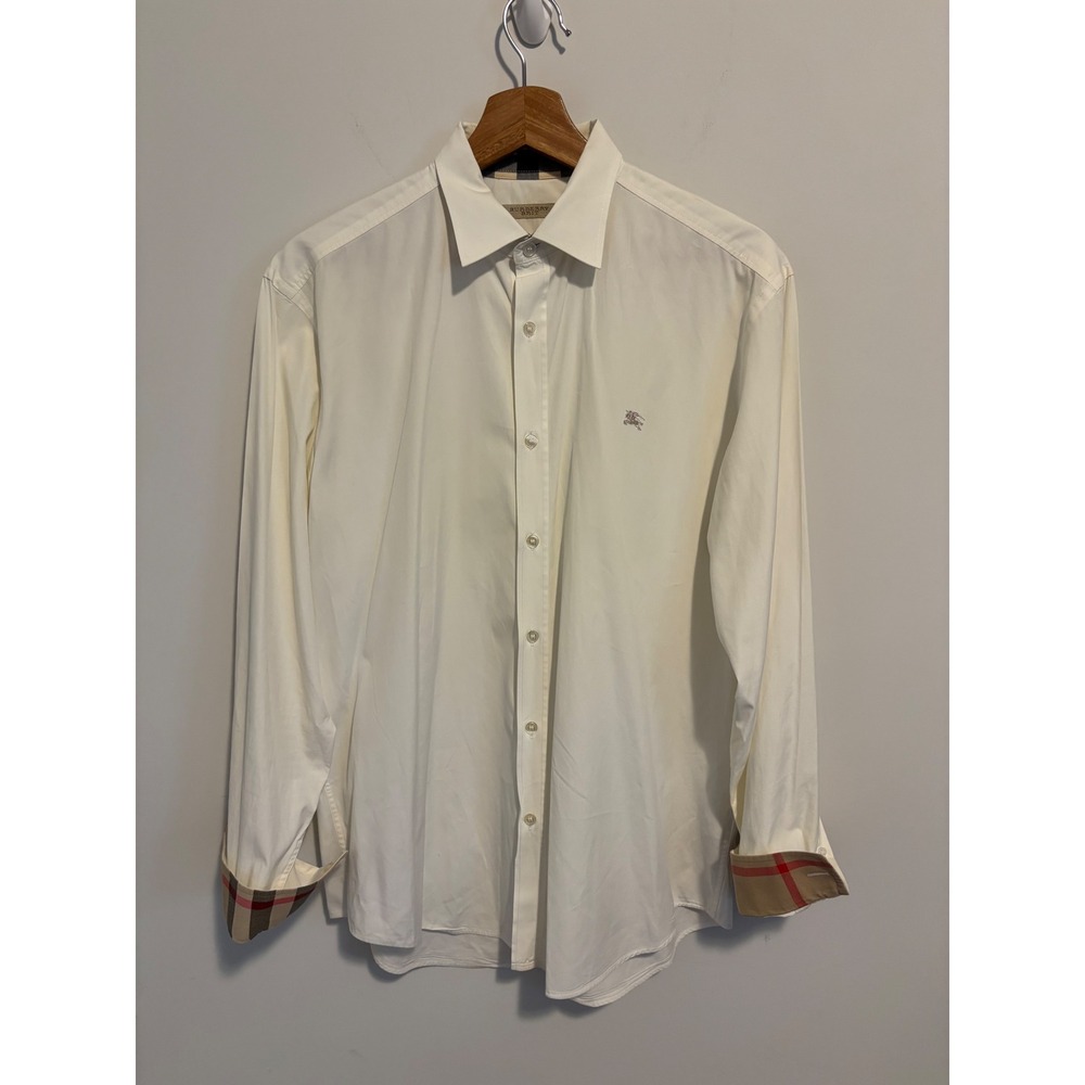 Burberry Brit Mens Cream Nova Check Trim Button Down Shirt Size M Off White - Picture 7 of 10